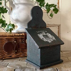 Vintage Inspired French Style Wood Salt Box, French Signage, Navy Blue, 11.25”